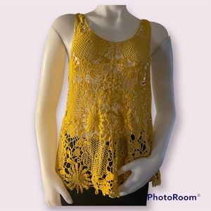 Forever 21 Sleeveless Open Weave Crochet Tunic Top Yellow Sunflower Size S